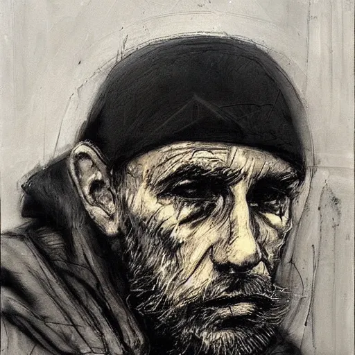 Image similar to portrait of a homeless man by guy denning