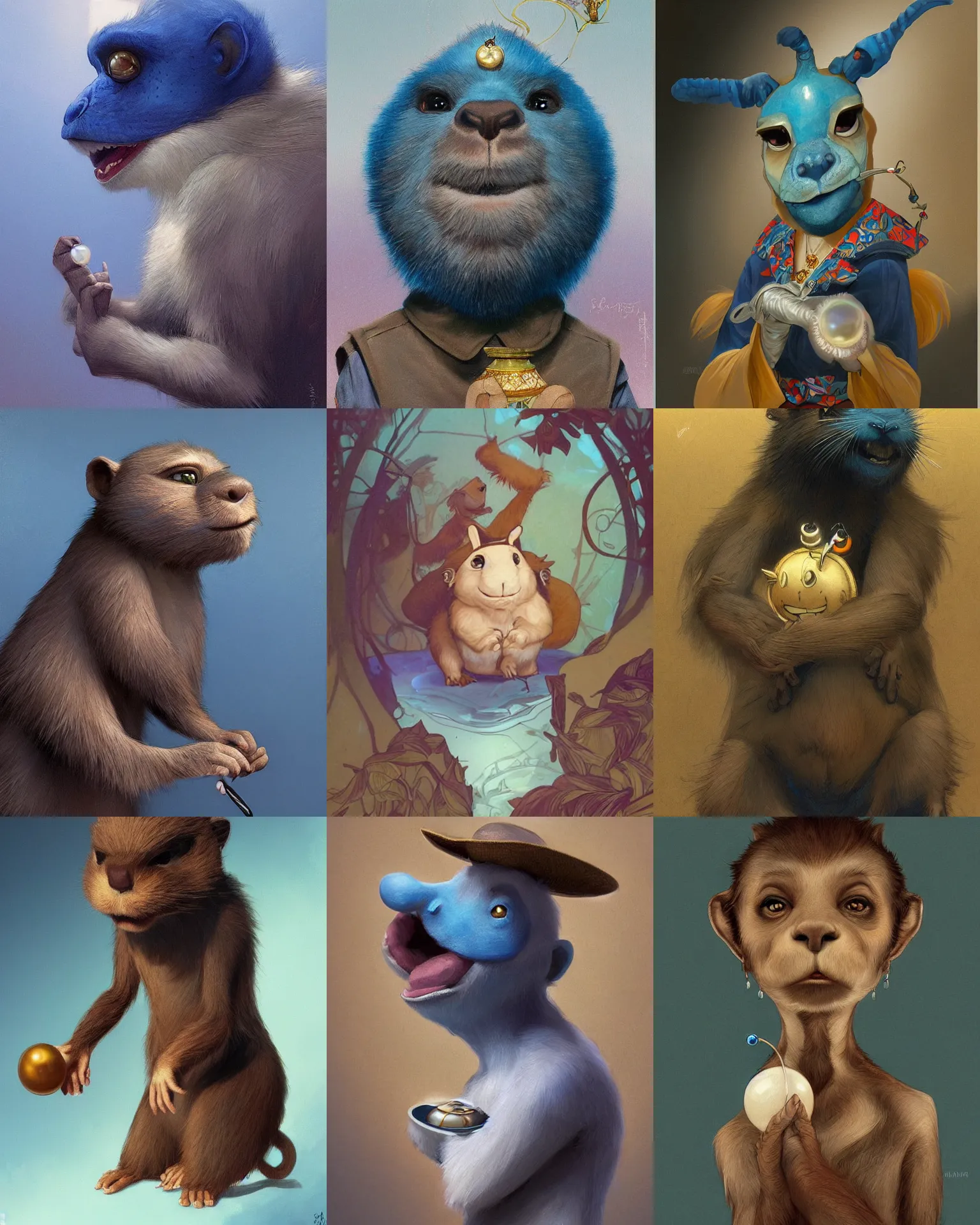 Prompt: beautiful illustration of blue anthropomorphic Gopher looking sideways monkey puppet, with a Pearl, highly detailed, digital painting, artstation, concept art, sharp focus, illustration, art by artgerm and greg rutkowski and alphonse mucha