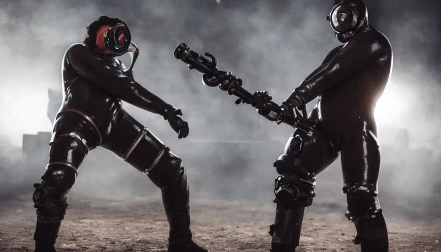 Prompt: big budget horror movie where a beautiful female cyborg in a gas mask and rubber suit fights a muscular man with a minigun