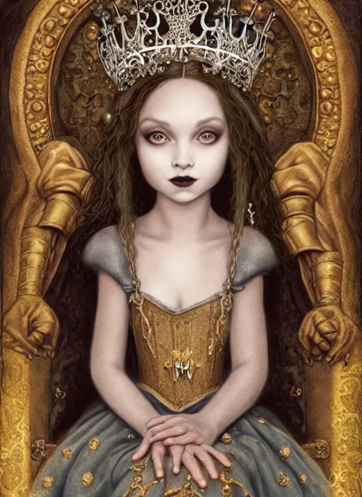 Image similar to highly detailed closeup portrait of a goth fairytale medieval princess wearing a crown and sitting on a throne, surrounded by cute medieval goblins, unreal engine, nicoletta ceccoli, mark ryden, earl norem, lostfish, global illumination, god rays, detailed and intricate environment