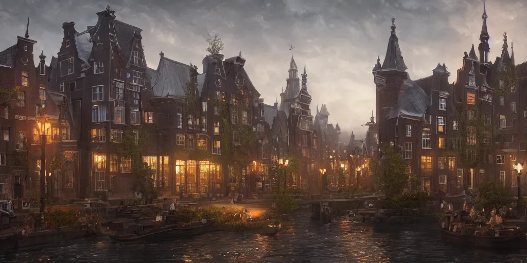 Image similar to a magical town inspired by victorian england and amsterdam, highly detailed, intricate, digital painting, trending on artstation, concept art, matte painting, art by greg rutkwowski, craig mullins, octane render, 8 k, unreal engine