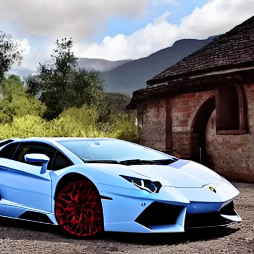 Prompt: a Lamborghini Aventador parked in a medieval fantasy setting with magic, confused villagers stare at Lamborghini Aventador