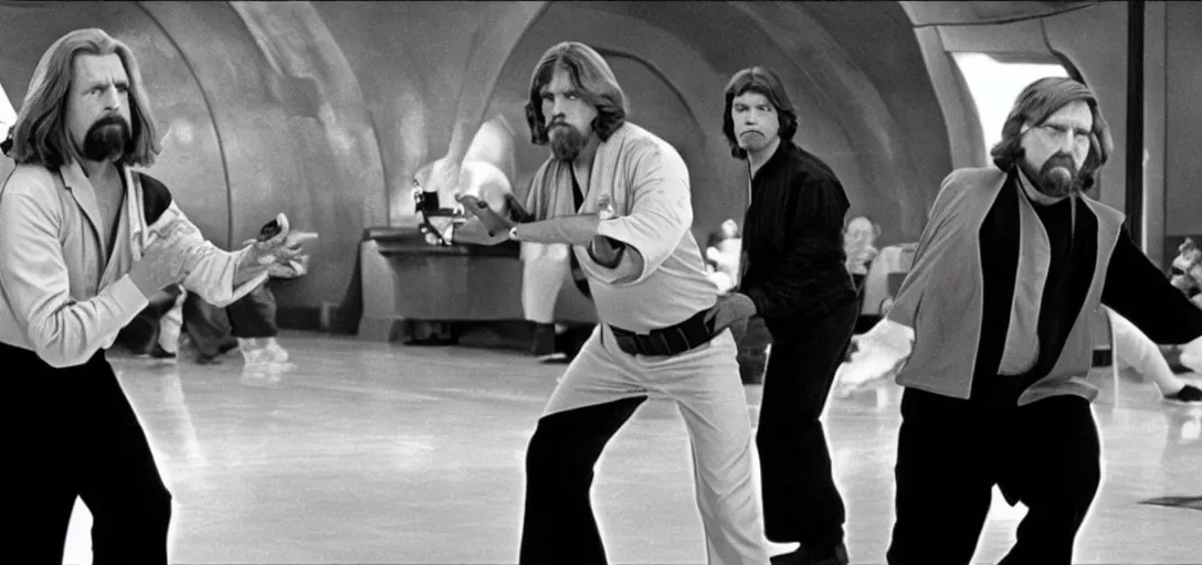 Image similar to The Big Lebowski bowling with Luke Skywalker in the Star Wars Cantina from A New Hope, Steve Buscemi is in the background in a Stormtooper uniform with his helmet off