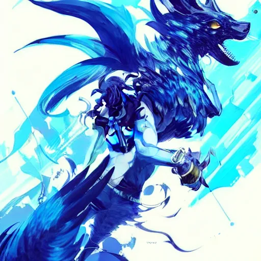 Image similar to concept art of winged wolf neon blue and black, highly detailed painting by dustin nguyen, akihiko yoshida, greg tocchini, 4 k, trending on artstation, 8 k