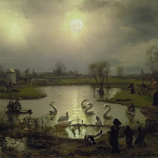 Image similar to painting hr giger tent in a landscape, swans in a pond, floral ornaments light beams night, street lights, andreas achenbach