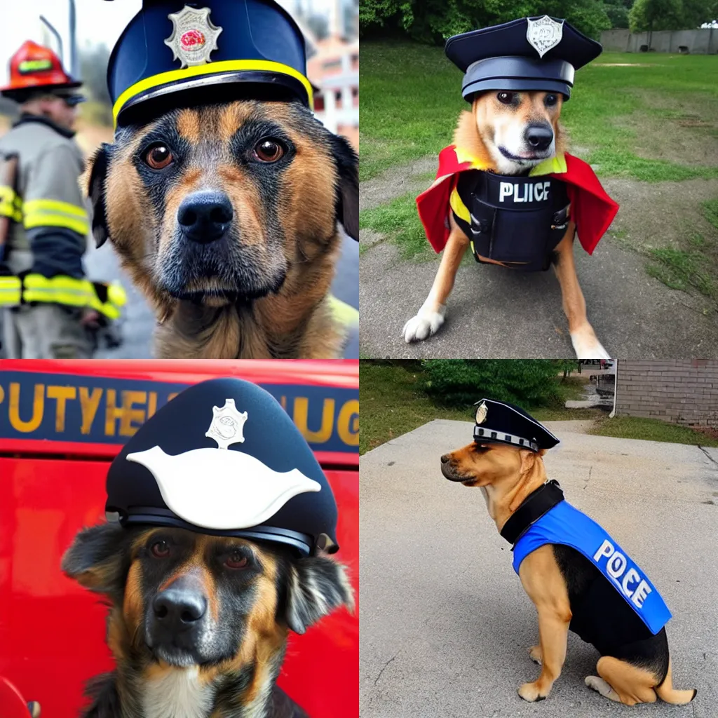 Prompt: dog in a police uniform with a firefighter hat