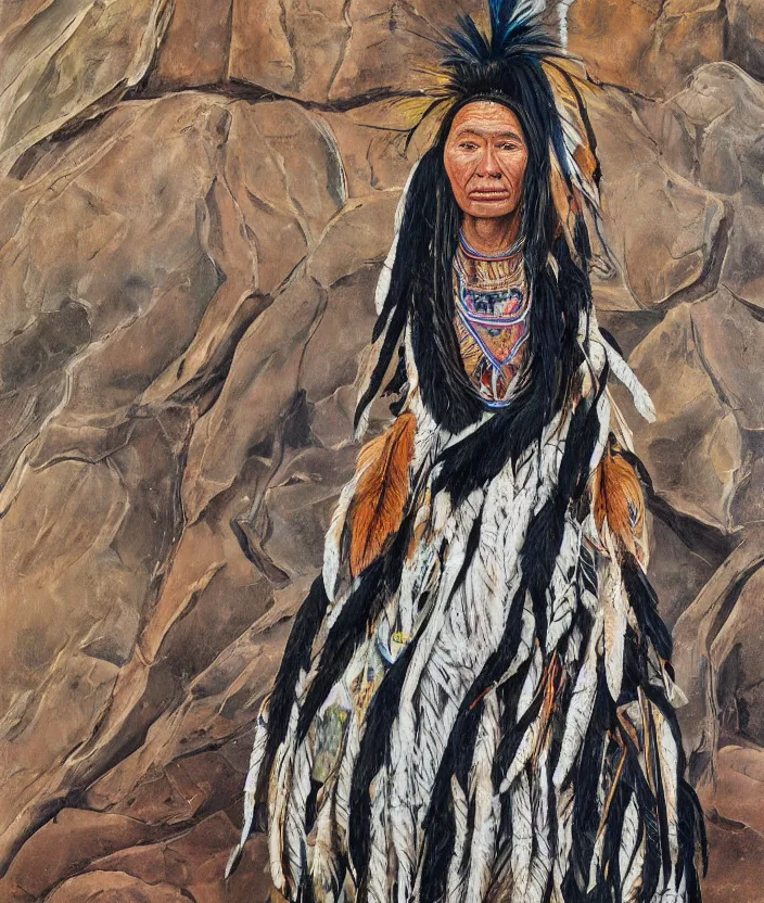 Image similar to full body shot picture of indigenous people young slim fit woman leader in canyon, painted by lucian freud, beautiful feathers, hd, super detailed, realistic