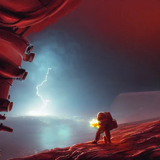 Image similar to UHD closeup of a Photorealistic Robot playing Drums during a wicked lightning storm on Mars, with a cool pose, by Antonio Caparo and Ferdinand Knab and Greg Rutkowski, UHD, photorealistic, trending on artstation, trending on deviantart