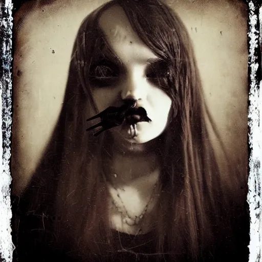 Prompt: a creepy demonic kim petras, a character portrait, photograph by Kyle Thompson, Victorian England, deviantart, gothic art, deviantart, tintype photograph, goth