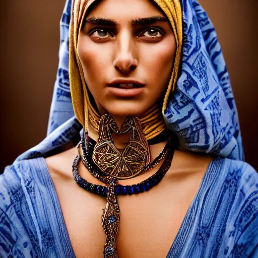 Image similar to portrait of a stunningly beautiful middle eastern tribal female, depth of field, zeiss lens, detailed, symmetrical, centered, fashion photoshoot, by Annie Leibovitz and Steve McCurry, David Lazar, Jimmy Nelsson, Breathtaking, 8k resolution, extremely detailed, beautiful, establishing shot, artistic, hyperrealistic, beautiful face, octane render