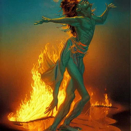 Image similar to fire in the shape of a person dancing, the whispy smoke, fantasy, dnd, illustrated by michael whelan