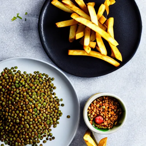 Image similar to plate of green lentils with chorizo and fries,