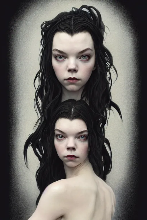 Image similar to symmetry!! jennifer connely mixed with anya taylor - joy as dark fae, black feathers instead of hair, feathers growing out of skin, shapeshifting, long black cloak, intricate, elegant, highly detailed, my rendition, digital painting, artstation, concept art, smooth, sharp focus, illustration, art by artgerm and greg rutkowski and alphonse mucha