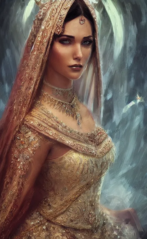 Prompt: Morgan fox arabian princess wedding day, portrait, digital art,ultra realistic,ultra detailed, ultra wide Lens, art by greg rutkowski