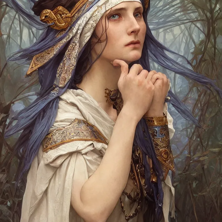 Image similar to Portrait of a Slavic female cleric with kerchief covering her ears. Blue eyes, black hair, porcelain skin, full lips, high slanted cheekbones. Fantasy art by artgerm and greg rutkowski and alphonse mucha, intricate, elegant, highly detailed, dramatic lighting, concept art, illustration, award winning on artstation, D&D, Dungeons and Dragons, Western European.