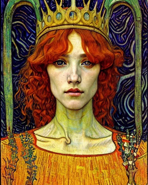 Image similar to detailed realistic beautiful young medieval queen face portrait by jean delville, gustav klimt and vincent van gogh, art nouveau, symbolist, visionary, gothic, pre - raphaelite, muted earthy colors, desaturated