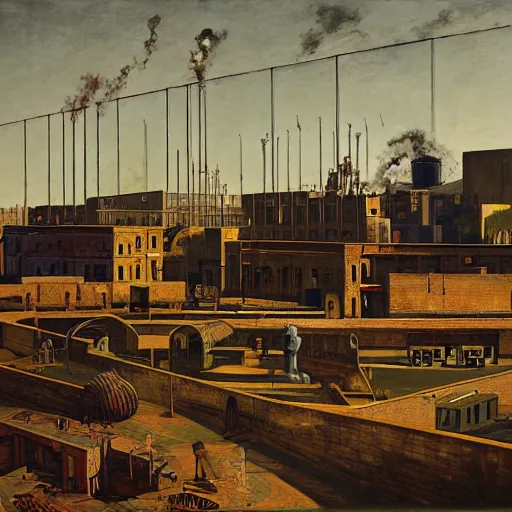 Prompt: steel factory yard giorgio de chirico graham sutherland greg rutkowski odd nerdrum simon stalenhag