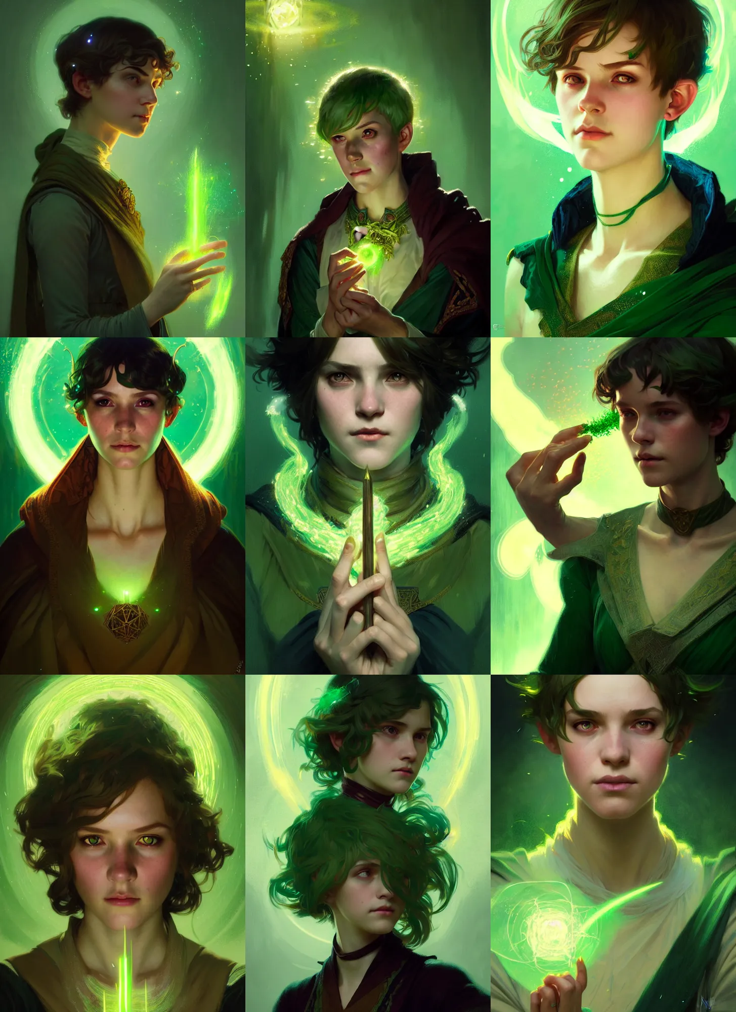 Prompt: Portrait of teenage female sorcerer, D&D fantasy, short green bobcut, magic particles in the air, stern expression, intricate, highly detailed, digital painting, artstation, concept art, sharp focus, illustration, art by greg rutkowski and alphonse mucha