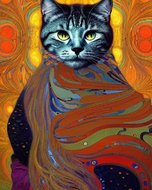 Prompt: cool cat portrait an oil painting splashes with many colors and shapes by gustav klimt greg rutkowski and alphonse mucha, polycount, generative art, psychedelic, fractalism, glitch art