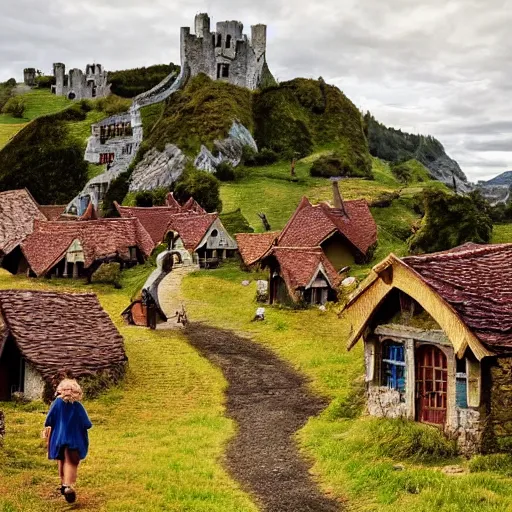 Prompt: a fantasy village with small houses, hobbits and humans walking, a castle in the background