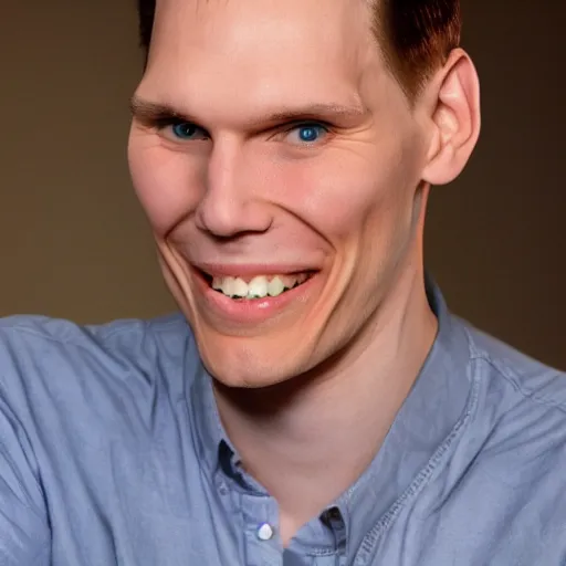Image similar to jerma looking at the camera with an abnormally large smile