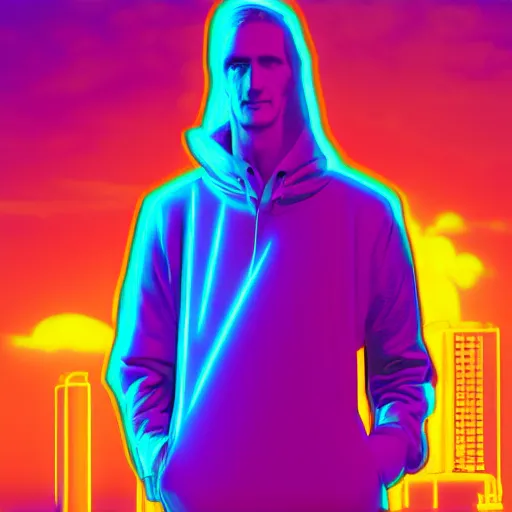 Image similar to nikola tesla in hoodie, portrait, vaporwave, synthwave, neon, vector graphics, cinematic, volumetric lighting, f 8 aperture, cinematic eastman 5 3 8 4 film, photorealistic