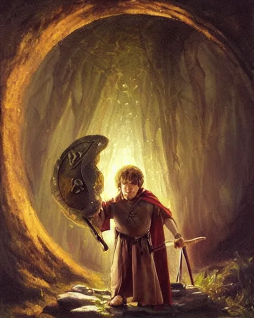 Image similar to A halfling wild magic sorcerer. He is wearing a cloak with glowing runes on it and a crown. He is frowning seriously. He is preparing to cast a spell to banish the old gods. He is standing in spell circle. Award winning realistic oil painting by Thomas Cole and Wayne Barlowe