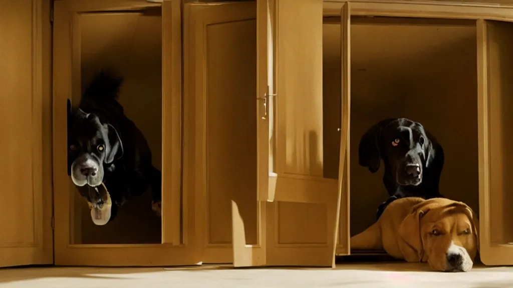 Image similar to giant dog in the cupboard, film still from the movie directed by Denis Villeneuve with art direction by Salvador Dalí, wide lens