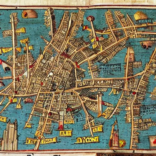 Prompt: a medieval map of new york city