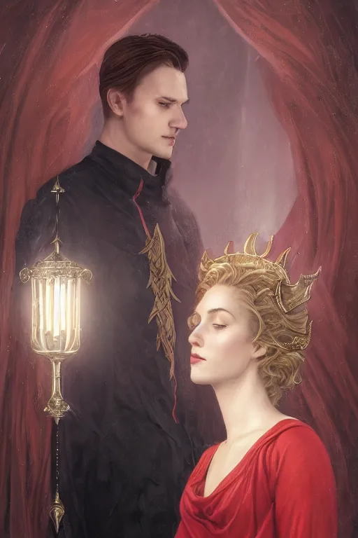 Image similar to a portrait of handsome young male nordic Satan wearing a halo of light and his elegant beautiful nordic witch wife dressed in red, bored, illustration, dramatic lighting, soft details, painting oil on canvas, art nouveau, octane render, HDR, 4k, 8k, HD, by Edmund Blair Leighton, Brom, Charlie Bowater, trending on artstation, faces by Tom Bagshaw, Sargent