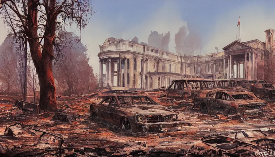 Image similar to A detailed render of a post apocalyptic scene of the whitehouse ruined and devastated by fires, burned down rusty Moscow buses in flood water, sci-fi concept art, by Syd Mead, highly detailed, oil on canvas