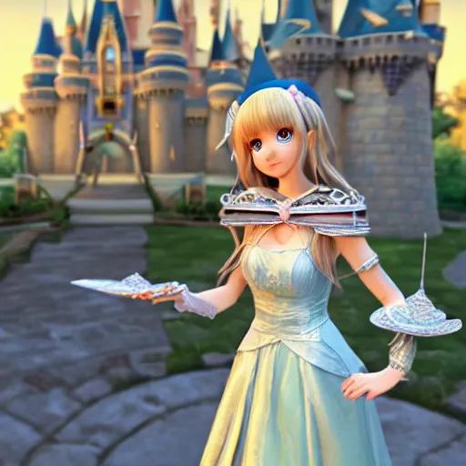 Image similar to a very detailed, ultra-realistic, pleasant, beautiful, funny, smooth 3D CG render, semirealistic anime style, close-up of a gorgeous, cute, gentle, noble priestess magician princess girl wearing dress and jewelry, in a glorious magic kingdom with castle and walls, relaxing calm vibes, fairytale, octane render