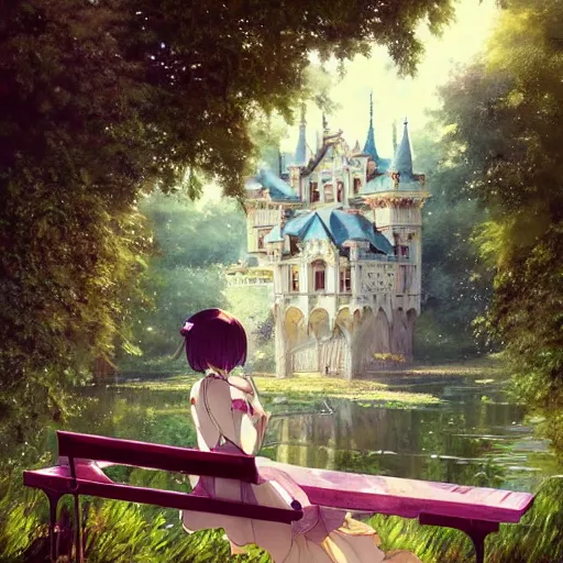 Prompt: beautiful young girl in intricate clothing, sitting on a bench of an overgrown abandoned castle, reflections, very high intricate details, painting, digital anime art, medium shot, mid - shot, wlop, ilya kuvshinov, artgerm, krenz cushart, greg rutkowski, sana takeda