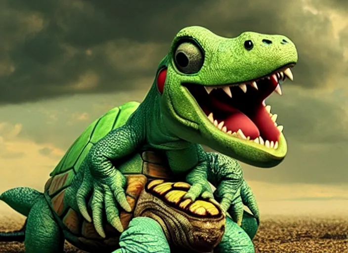 Image similar to film still of yoshi in the new sci - fi movie, cute upright dinosaur with a small turtle shell and long tongue, 8 k