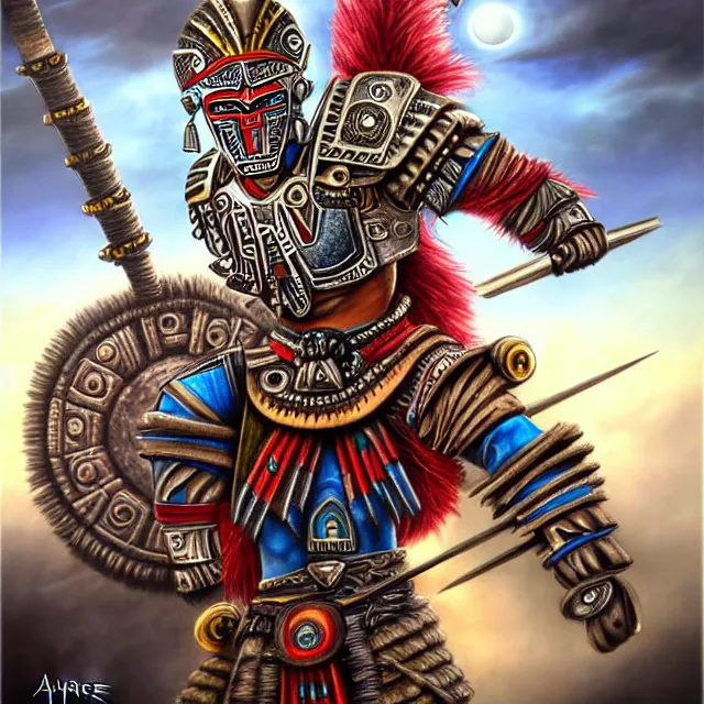 Image similar to futuristic aztec warrior, highly detailed, 4 k, hdr, smooth, sharp focus, high resolution, award - winning photo, illustrated by anne stokes, photorealistic