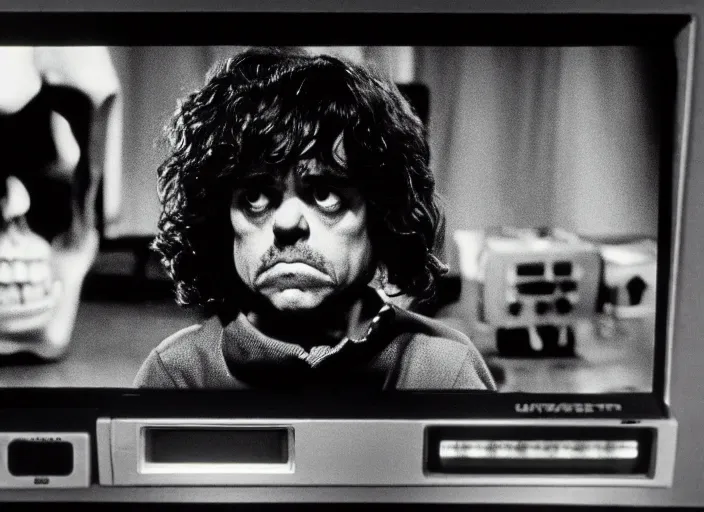 Prompt: a scene from a 1 9 8 2 s halloween iii, peter dinklage is watching tv, vhs distortion, cathode ray tube distortion, folk horror, hauntology, 8 k, 8 5 mm f 1. 8, studio lighting, rim light, right side key light