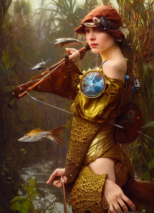 Image similar to hyper realistic fisherman, birds eye view, magical, gems, jewels, gold, steampunk, cyberpunk utopia, painted by tom bagshaw, mucha, gaston bussiere, craig mullins, j. c. leyendecker 8 k