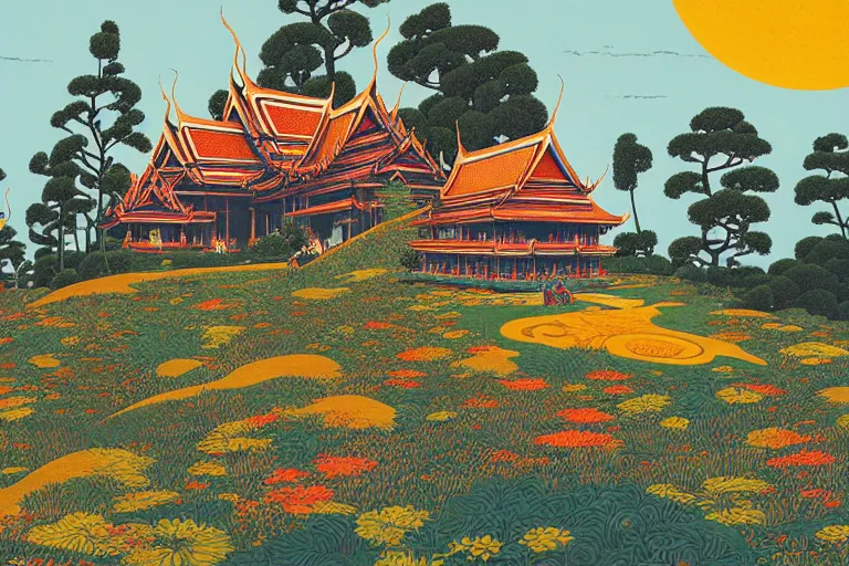 Prompt: summer afternoon, thai temple, rolling mountain, very coherent and colorful high contrast, art by gediminas pranckevicius, geof darrow, franz sedlacek, dark shadows, hard lighting, ukiyo - e, floralpuk risograph print, flowers garden