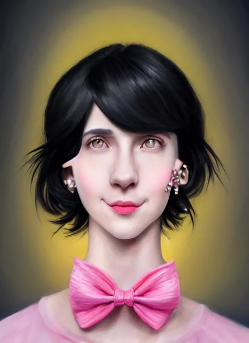 Image similar to portrait of high school girl, realistic, black hair, bangs, half updo hairstyle, pointy nose, skinny, smile, ugly, defined jawline, big chin, pink hair bow, earrings, intricate, elegant, glowing lights, highly detailed, digital painting, artstation, sharp focus, illustration, art by wlop, mars ravelo and greg rutkowski