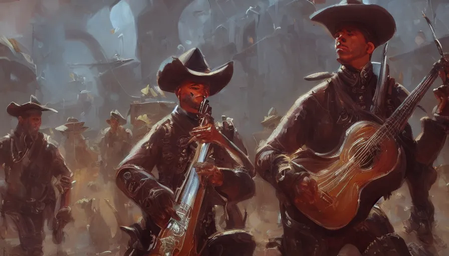 Image similar to concept art of mariachi, cinematic shot, aaa game concept art oil painting by jama jurabaev, extremely detailed, brush hard, artstation, high quality, brush stroke