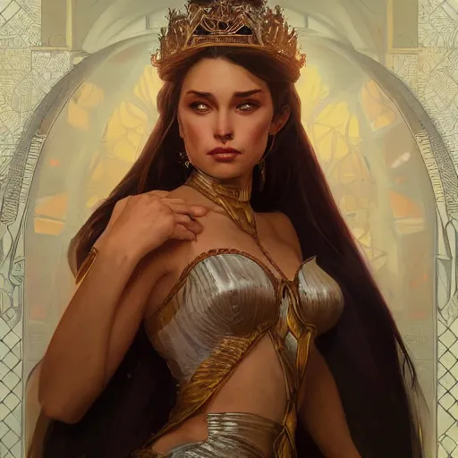 Prompt: portrait of a hot queen, D&D, fantasy, highly detailed, digital painting, artstation, smooth, sharp focus, illustration, art by artgerm and greg rutkowski and alphonse mucha