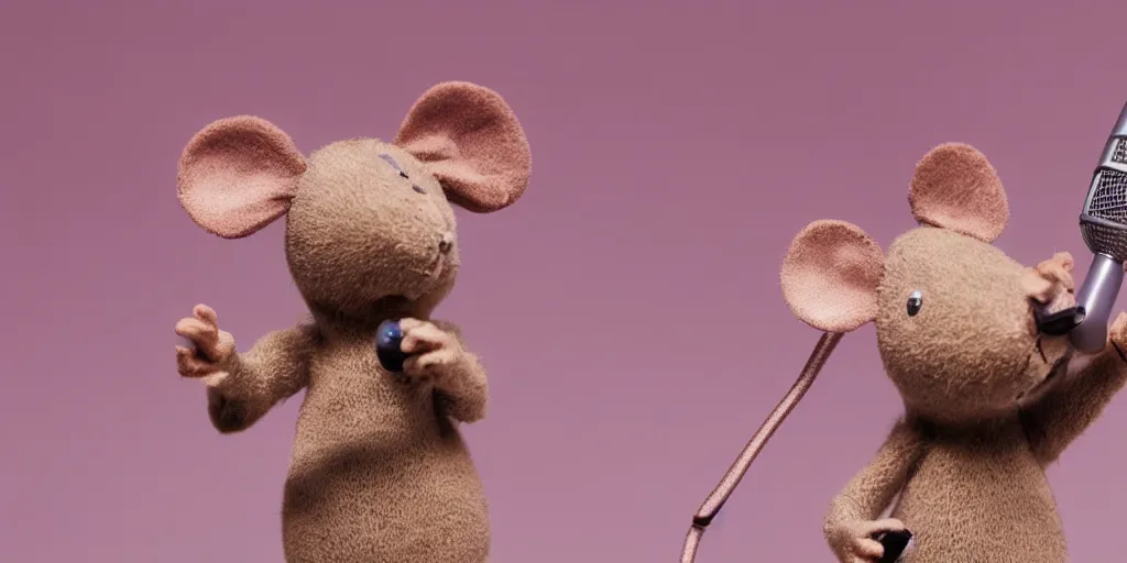 Prompt: a mouse singing with a microphone in it's hands'macro photography, studio light