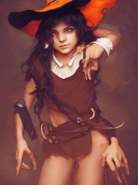 Image similar to Full shot of a mischievous young witch about to get up to some trouble. Latin American fashion. Black and Orange palette. Latina girl. brown skin. Symmetrical facial features. By Ruan Jia and Artgerm and Range Murata and WLOP and Ross Tran and William-Adolphe Bouguereau. Key Art. Fantasy Illustration. award winning, Artstation, intricate details, realistic, Hyperdetailed, 8k resolution.