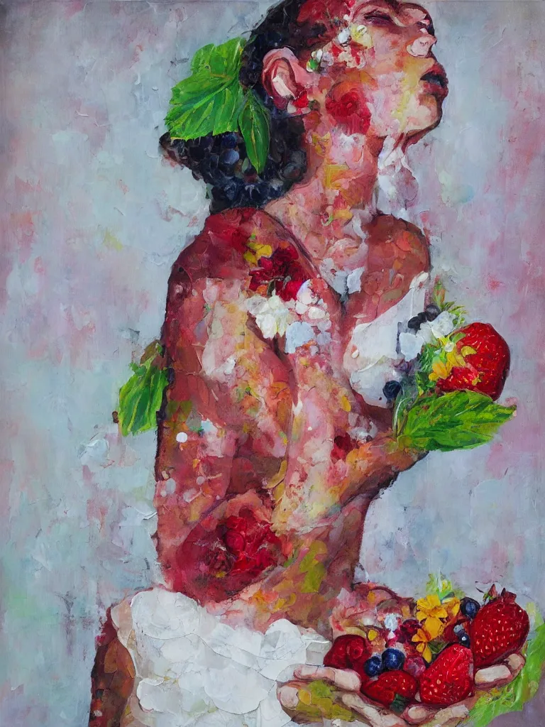 Image similar to “organic, portrait of a woman wearing white silk, neoexpressionist, eating luscious fresh raspberries and strawberries and blueberries, edible flowers, acrylic and oilstick on canvas”