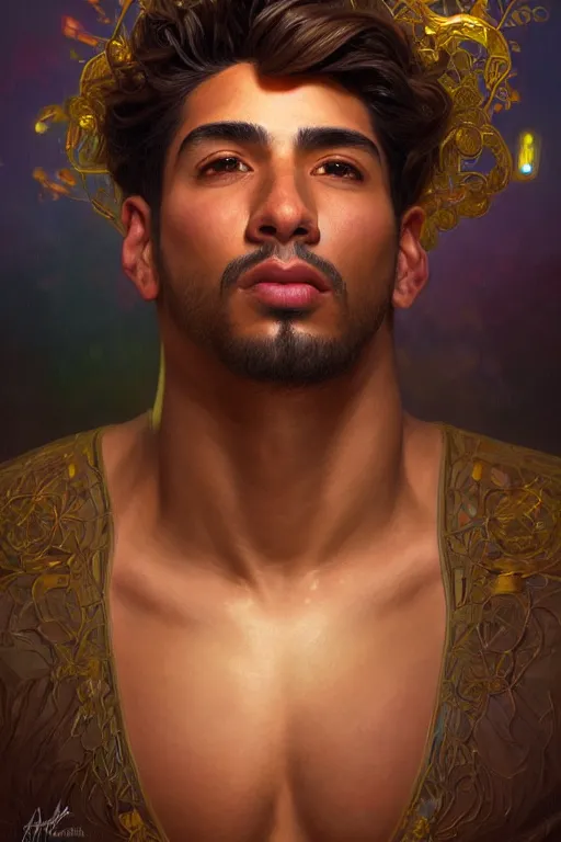 Image similar to clear portrait of a latino attractive men, cottagecore!!, background hyper detailed, character concept, full body, dynamic pose, glowing lights!! intricate, elegant, highly detailed, digital painting, artstation, concept art, smooth, sharp focus, illustration, art by artgerm and greg rutkowski and alphonse mucha