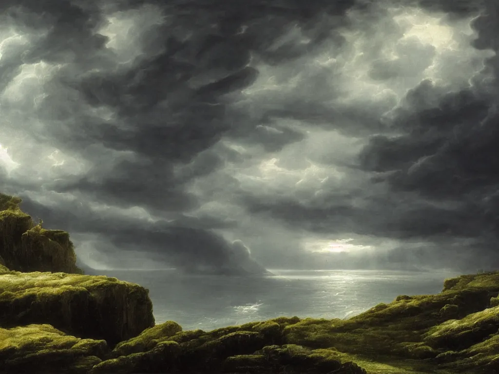 Image similar to detailed landscape, high cliff, very detailed dark super storm, hyper realistic clouds, impressive, magical, very atmospheric, smoke boiling, cinematic, deep, very high complexity, stunning, masterpiece, chiaroscuro, in the style of caspar david friedrich, very detailed. 4 k