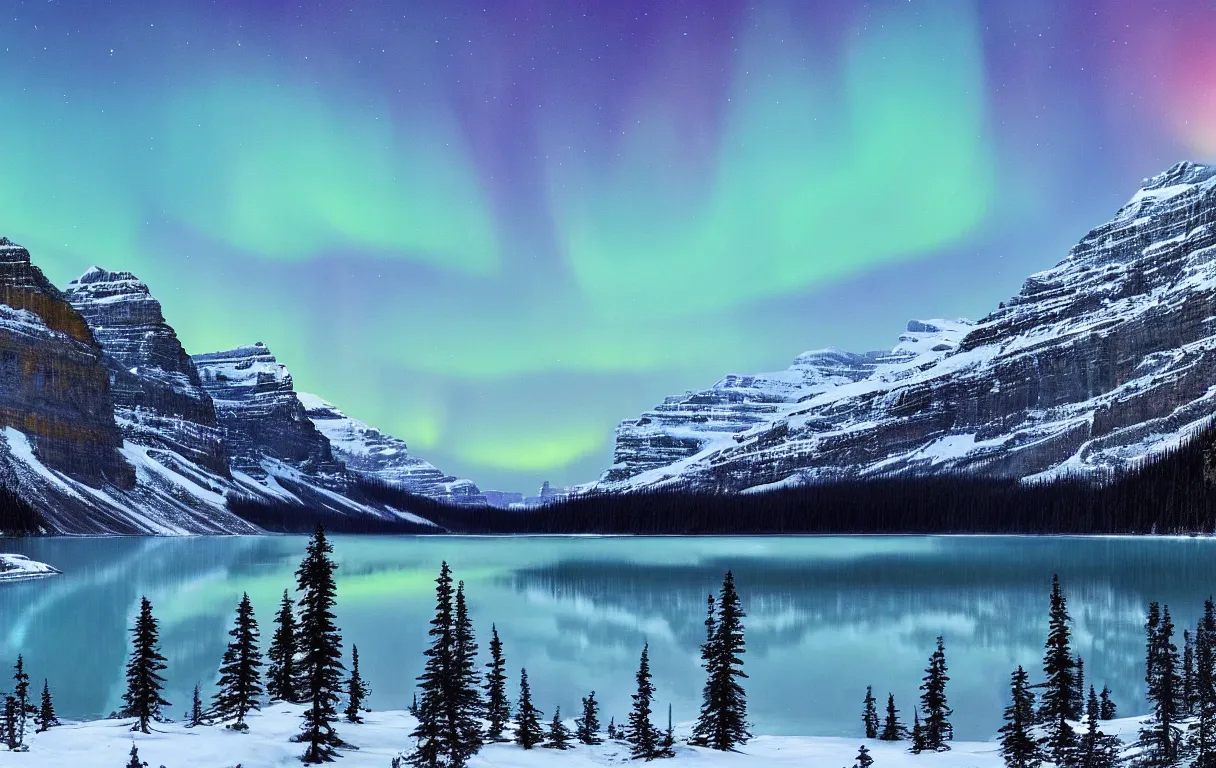 Prompt: a matte painting of Lake Louise in fall, moonlight, northern lights, highly detailed, artstation, HD wallpaper