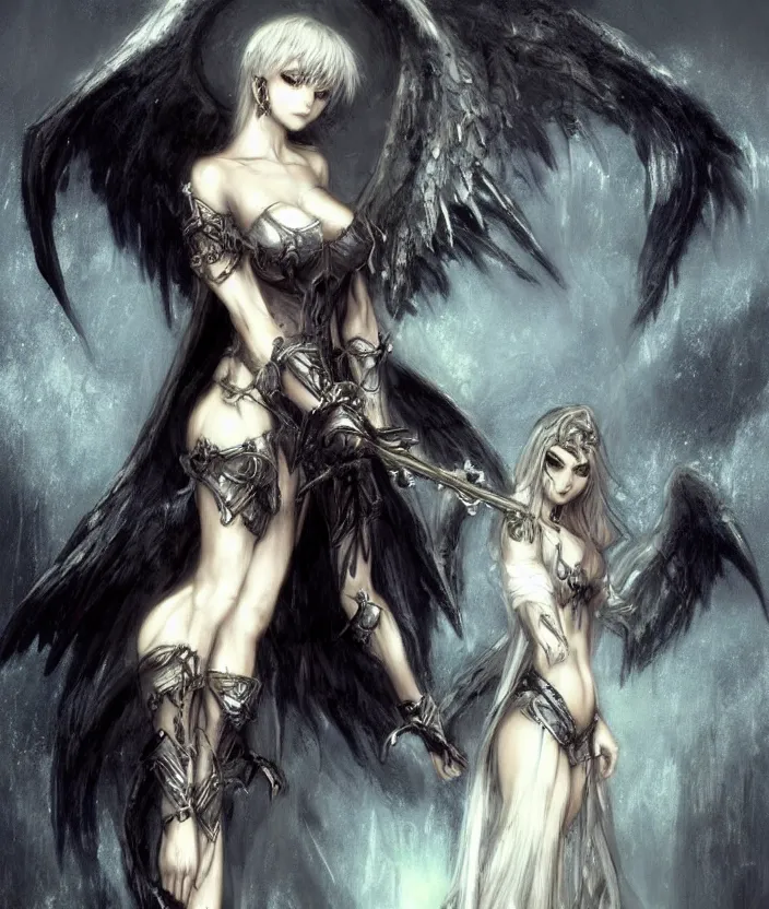 Image similar to Concept art, angel knight gothic girl, artstation trending colaboration with Joseph Mallord William Turner and Luis Royo, highly detailded