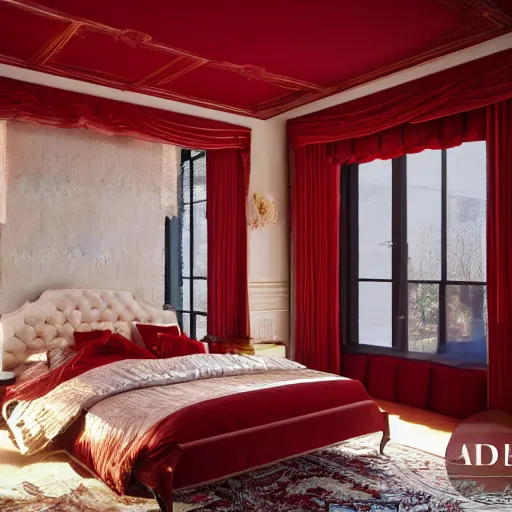 Prompt: rich bedroom, beautiful detail, red velvet bedding, liminal space, high detail, rendered in unreal engine, 3d render, god rays, volumetric lighting, mansion, interior, large windows, vegetation