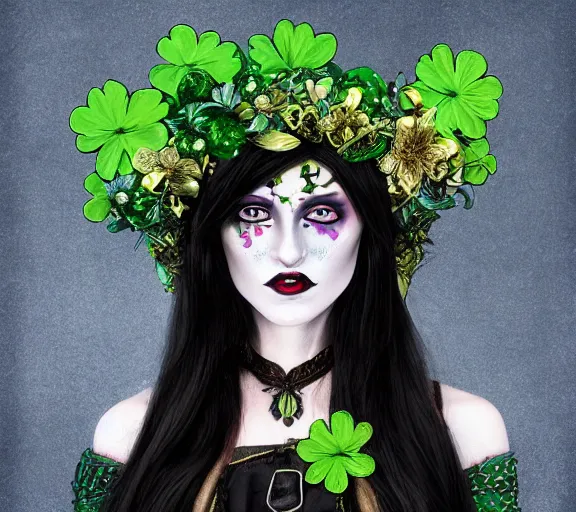 Image similar to beautiful female character inspired by st patricks day parade and floral headdress vampire bounty hunter | | digital artwork made by greg rutswork, anna dittmann and lois van barlee, symmetrical rim light, anatomically correct